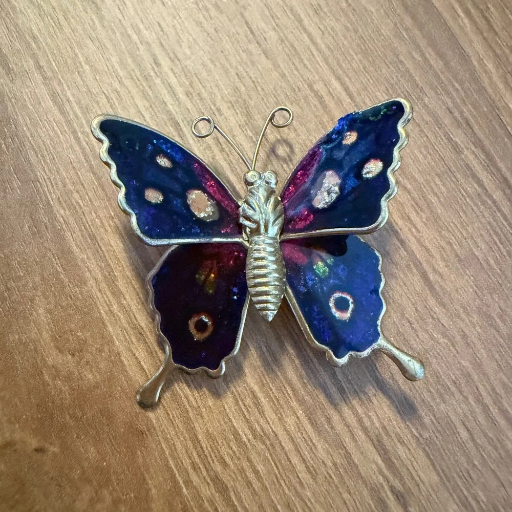 Vintage Butterfly Brooch Blue Purple‎ Enamel Gold Tone Nature Pin 1.75 inch 70s